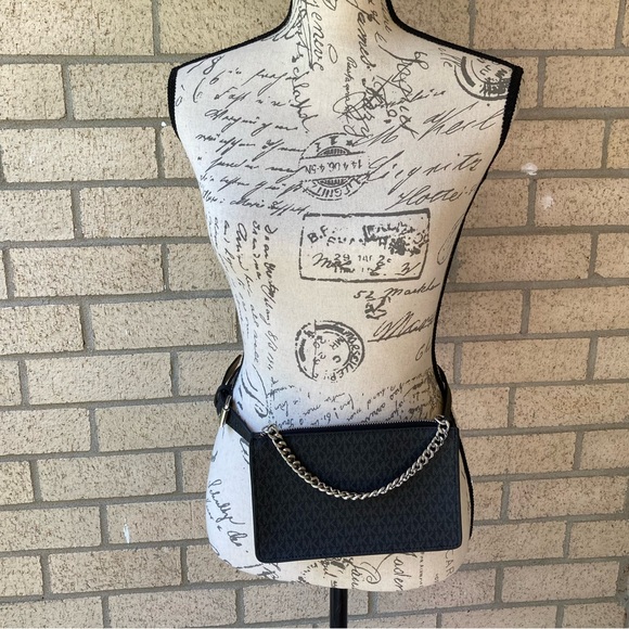 Michael Kors Black Logo Print Belt Bag Fanny Pack With Silver Pull Chain Small - Picture 5 of 17